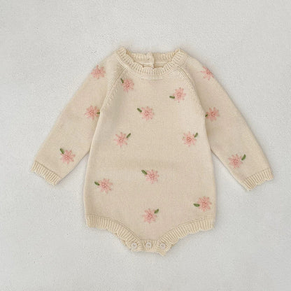 MyKids-USA® Baby Girls Knitted Long Sleeves Flowers Embroidered Pattern bodysuit