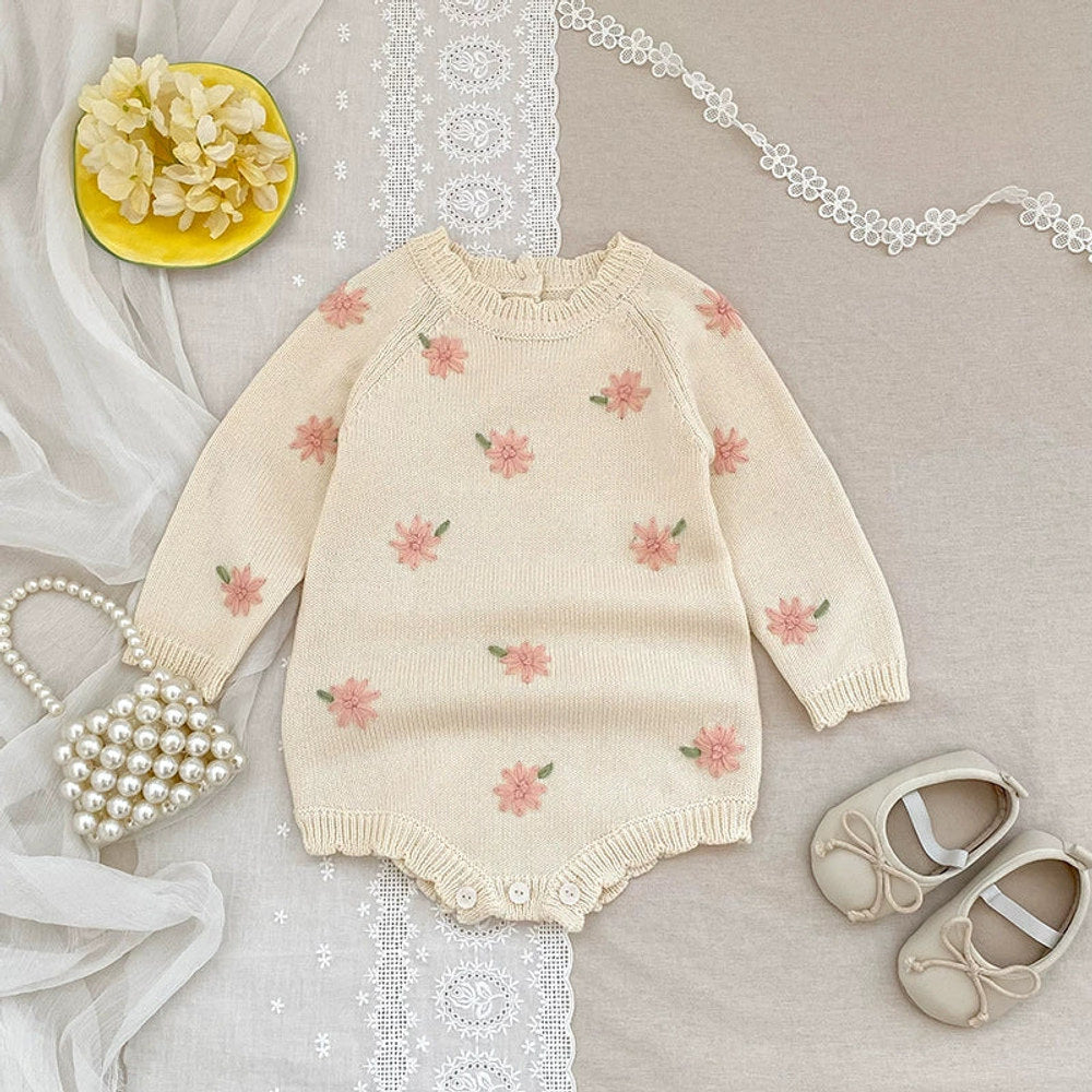 MyKids-USA® Baby Girls Knitted Long Sleeves Flowers Embroidered Pattern bodysuit