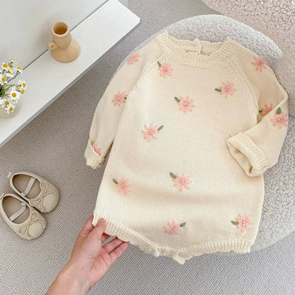 MyKids-USA® Baby Girls Knitted Long Sleeves Flowers Embroidered Pattern bodysuit