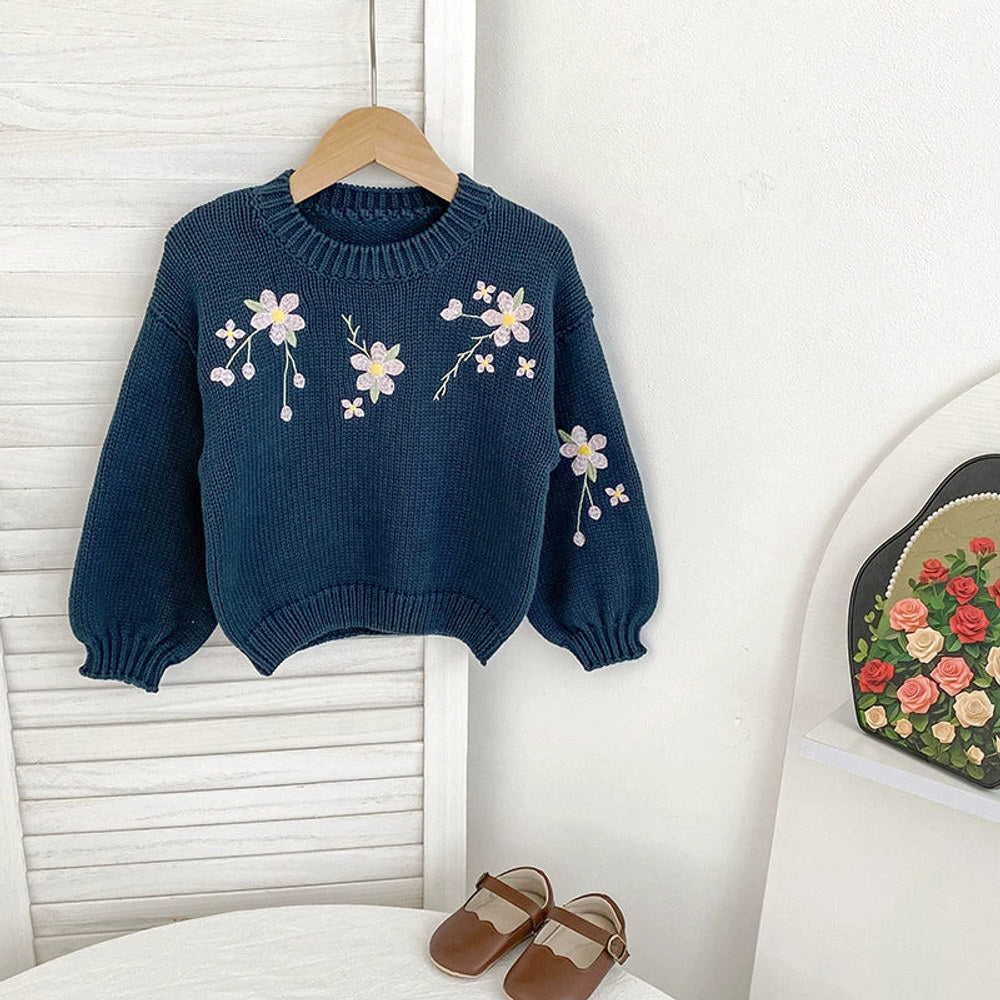 MyKids-USA® Baby Girls Comfortable Vivid Flowers Embroidery Pattern Knitted Long Sleeves Sweater
