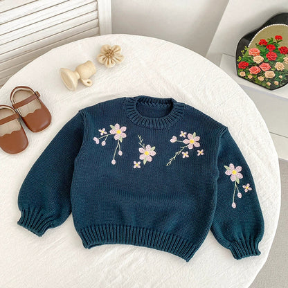 MyKids-USA® Baby Girls Comfortable Vivid Flowers Embroidery Pattern Knitted Long Sleeves Sweater