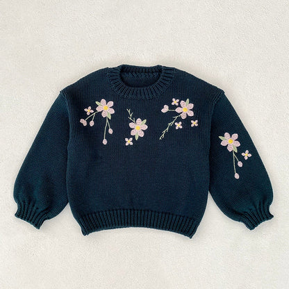 MyKids-USA® Baby Girls Comfortable Vivid Flowers Embroidery Pattern Knitted Long Sleeves Sweater