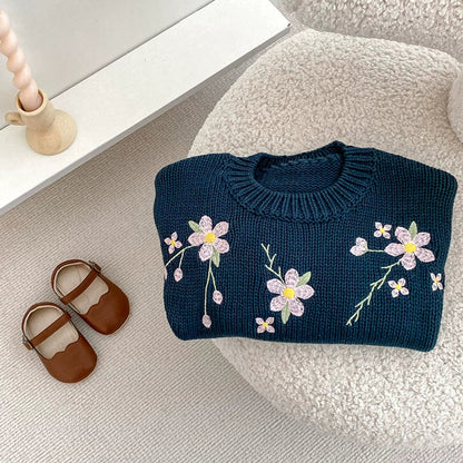 MyKids-USA® Baby Girls Comfortable Vivid Flowers Embroidery Pattern Knitted Long Sleeves Sweater