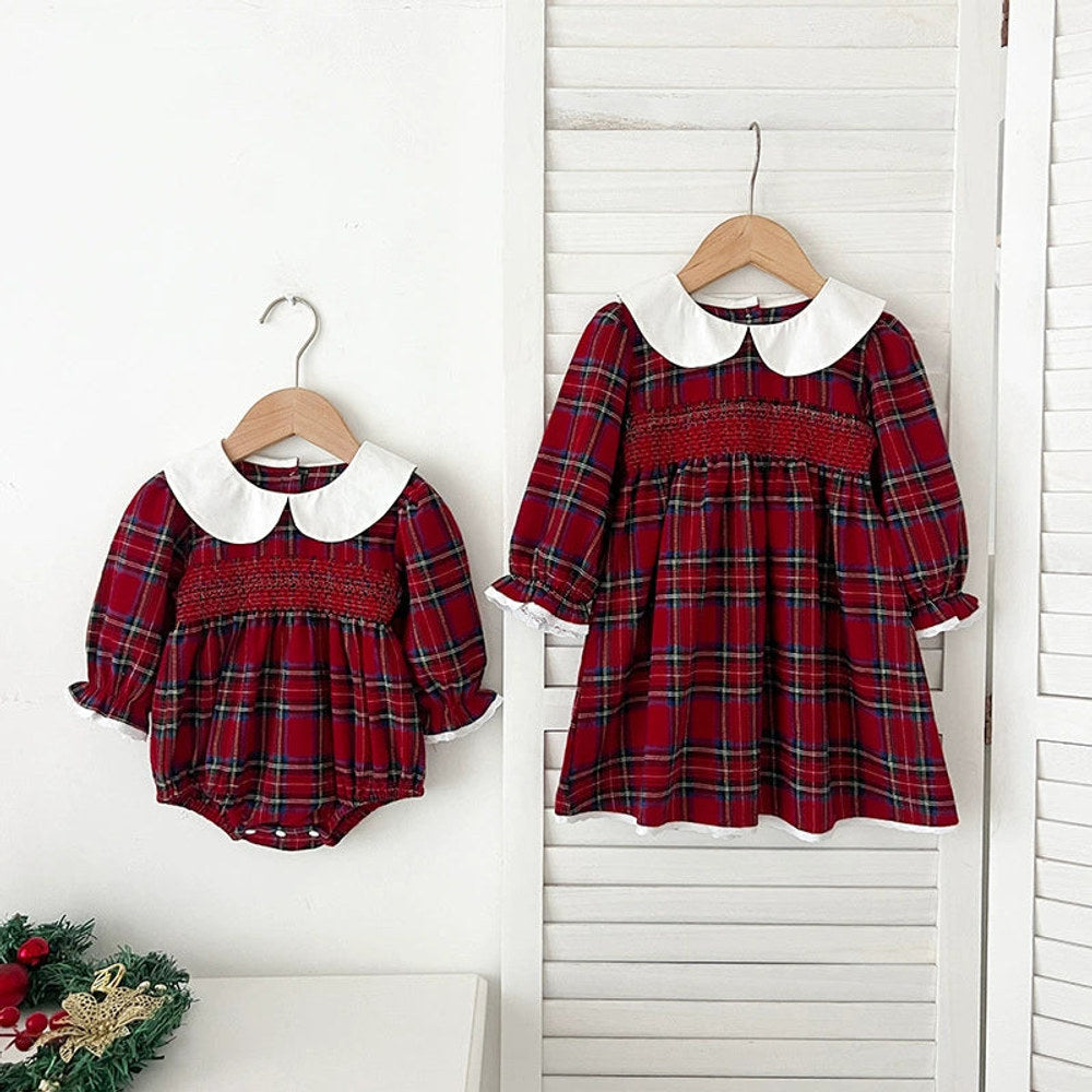 MyKids-USA® Baby Girls English-style Plaid Pattern Long Sleeves bodysuit and Dress – Princess Sister Matching Set