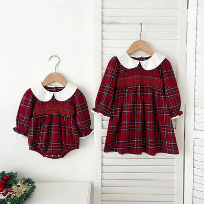 MyKids-USA® Baby Girls English-style Plaid Pattern Long Sleeves bodysuit and Dress – Princess Sister Matching Set