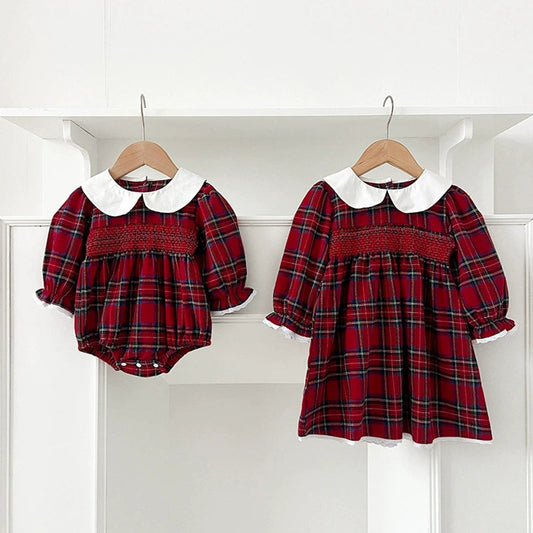 MyKids-USA® Baby Girls English-style Plaid Pattern Long Sleeves bodysuit and Dress – Princess Sister Matching Set