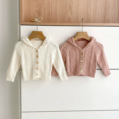 Autumn Arrival Baby Girls Comfortable Solid Color Knitted Long Sleeves Cardigan with Hood