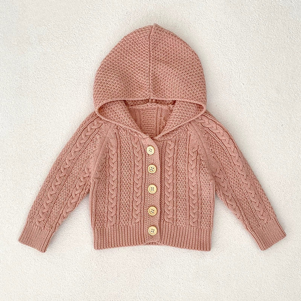 Autumn Arrival Baby Girls Comfortable Solid Color Knitted Long Sleeves Cardigan with Hood