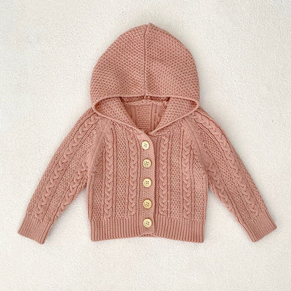 Autumn Arrival Baby Girls Comfortable Solid Color Knitted Long Sleeves Cardigan with Hood