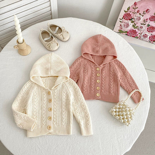 MyKids-USA® Baby Girls Comfortable Solid Color Knitted Long Sleeves Cardigan with Hood