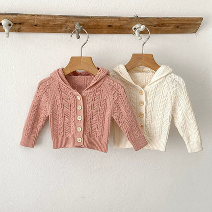 Autumn Arrival Baby Girls Comfortable Solid Color Knitted Long Sleeves Cardigan with Hood