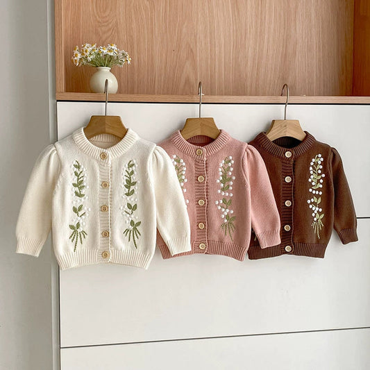 MyKids-USA® Baby Girls Comfortable Flowers Embroidered Knitted Long Sleeves Cardigan