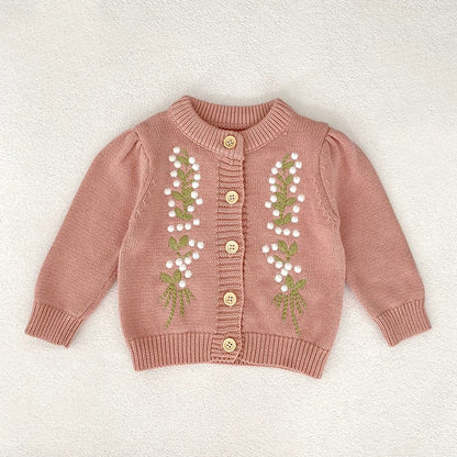 MyKids-USA® Baby Girls Comfortable Flowers Embroidered Knitted Long Sleeves Cardigan