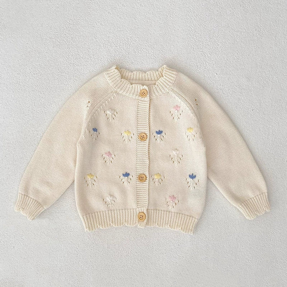 Autumn Arrival Baby Girls Comfortable Flowers Embroidery Pattern Knitted Long Sleeves Cardigan