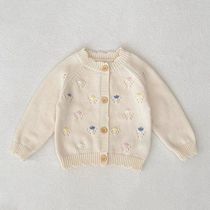Autumn Arrival Baby Girls Comfortable Flowers Embroidery Pattern Knitted Long Sleeves Cardigan