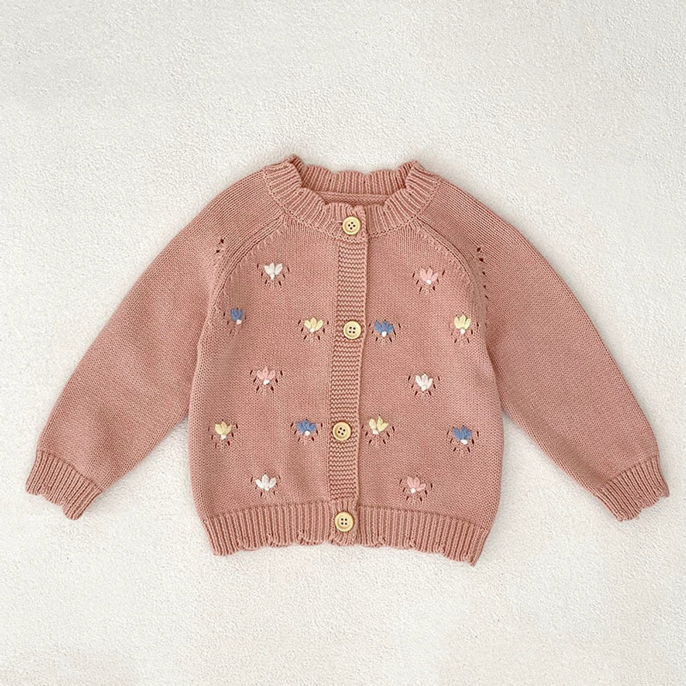 Autumn Arrival Baby Girls Comfortable Flowers Embroidery Pattern Knitted Long Sleeves Cardigan