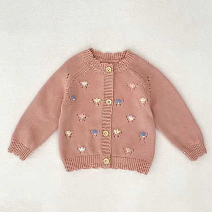Autumn Arrival Baby Girls Comfortable Flowers Embroidery Pattern Knitted Long Sleeves Cardigan