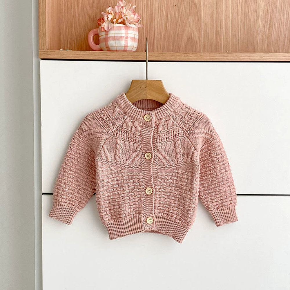 Autumn Arrival Baby Girls Comfortable Geometic Jacquard Pattern Knitted Long Sleeves Cardigan