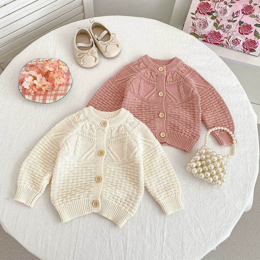 Autumn Arrival Baby Girls Comfortable Geometic Jacquard Pattern Knitted Long Sleeves Cardigan