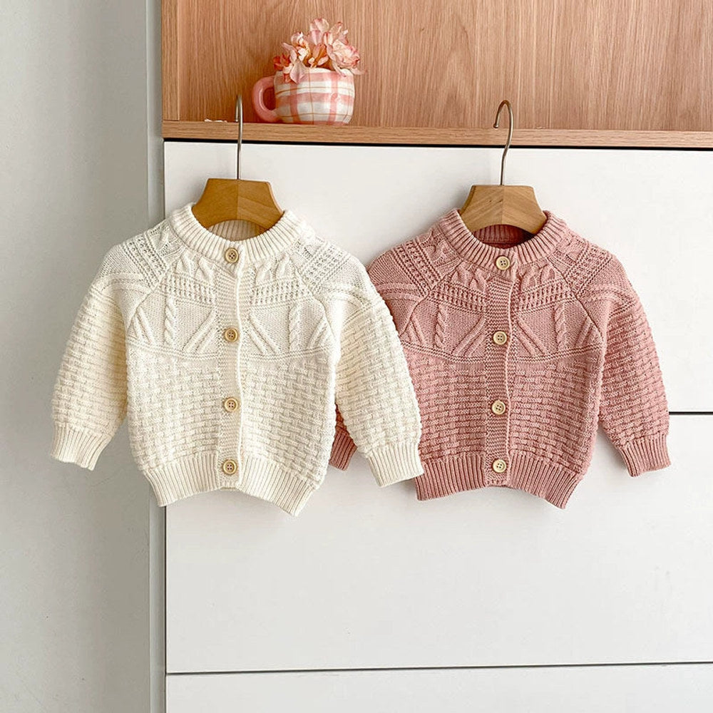 Autumn Arrival Baby Girls Comfortable Geometic Jacquard Pattern Knitted Long Sleeves Cardigan