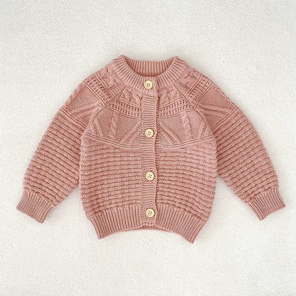 Autumn Arrival Baby Girls Comfortable Geometic Jacquard Pattern Knitted Long Sleeves Cardigan