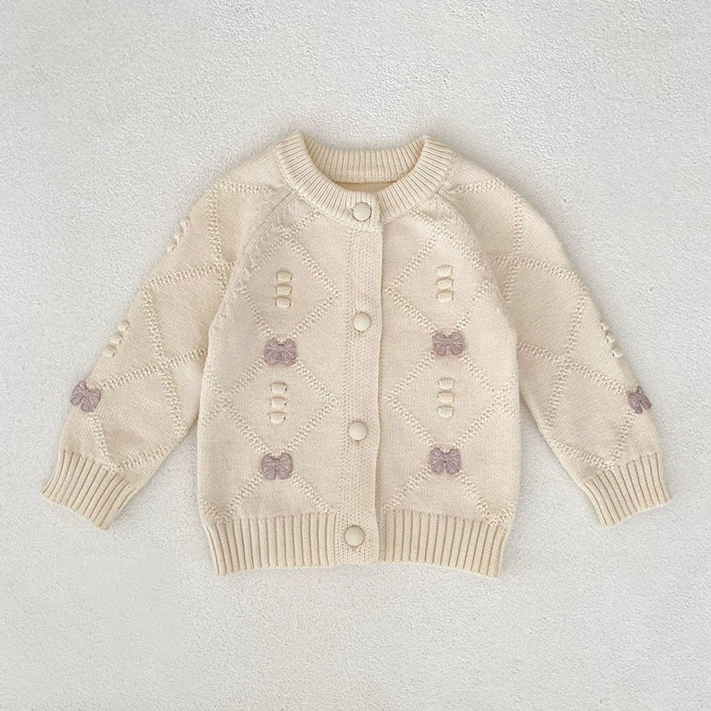Autumn Arrival Baby Girls Comfortable Argyle Jacquard and Butterfly-bow Pattern Knitted Long Sleeves Cardigan