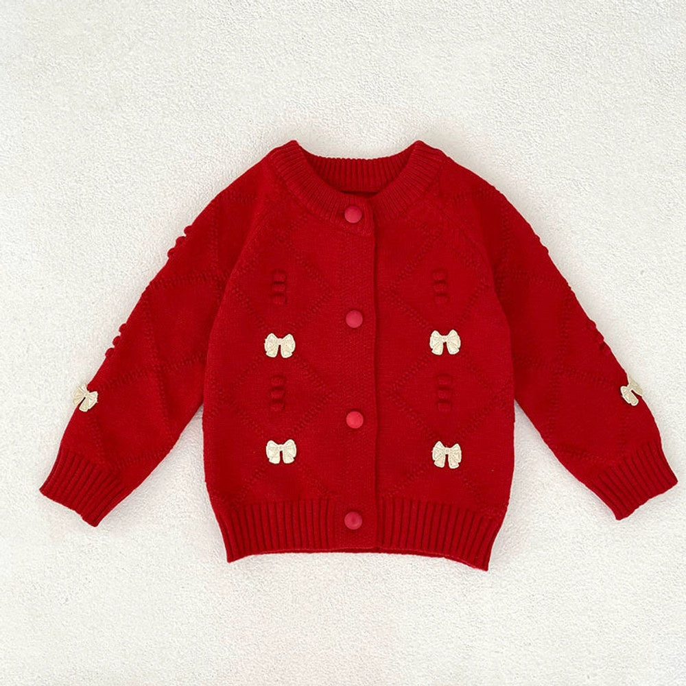 Autumn Arrival Baby Girls Comfortable Argyle Jacquard and Butterfly-bow Pattern Knitted Long Sleeves Cardigan