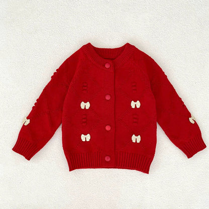 Autumn Arrival Baby Girls Comfortable Argyle Jacquard and Butterfly-bow Pattern Knitted Long Sleeves Cardigan