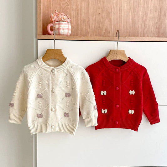 MyKids-USA® Baby Girls Comfortable Argyle Jacquard and Butterfly-bow Pattern Knitted Long Sleeves Cardigan