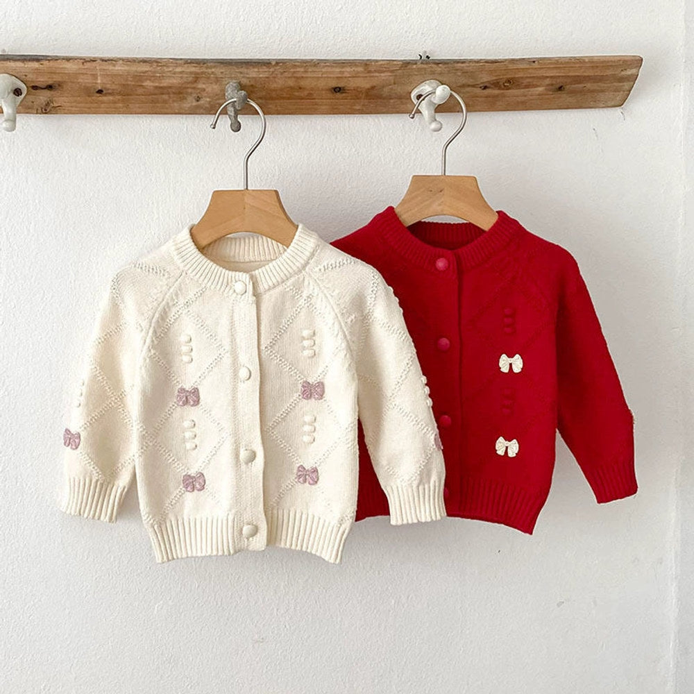 Autumn Arrival Baby Girls Comfortable Argyle Jacquard and Butterfly-bow Pattern Knitted Long Sleeves Cardigan