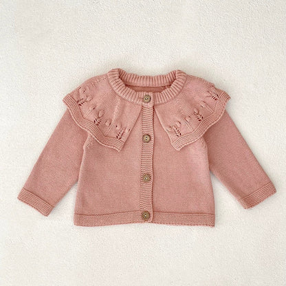 Autumn Arrival Baby Girls Comfortable Solid Color Knitted Long Sleeves Cardigan with Hollow-out Collar