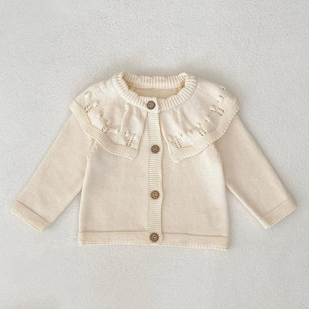 Autumn Arrival Baby Girls Comfortable Solid Color Knitted Long Sleeves Cardigan with Hollow-out Collar