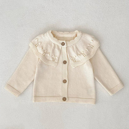 Autumn Arrival Baby Girls Comfortable Solid Color Knitted Long Sleeves Cardigan with Hollow-out Collar