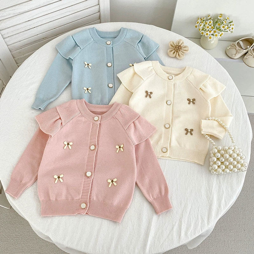 Autumn Arrival Baby Girls Comfortable Butterfly-bow Pattern Knitted Long Sleeves Cardigan