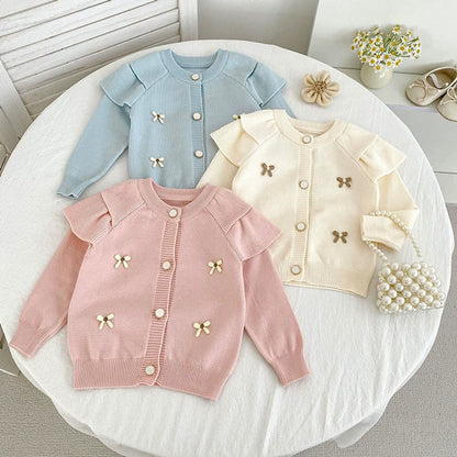 Autumn Arrival Baby Girls Comfortable Butterfly-bow Pattern Knitted Long Sleeves Cardigan