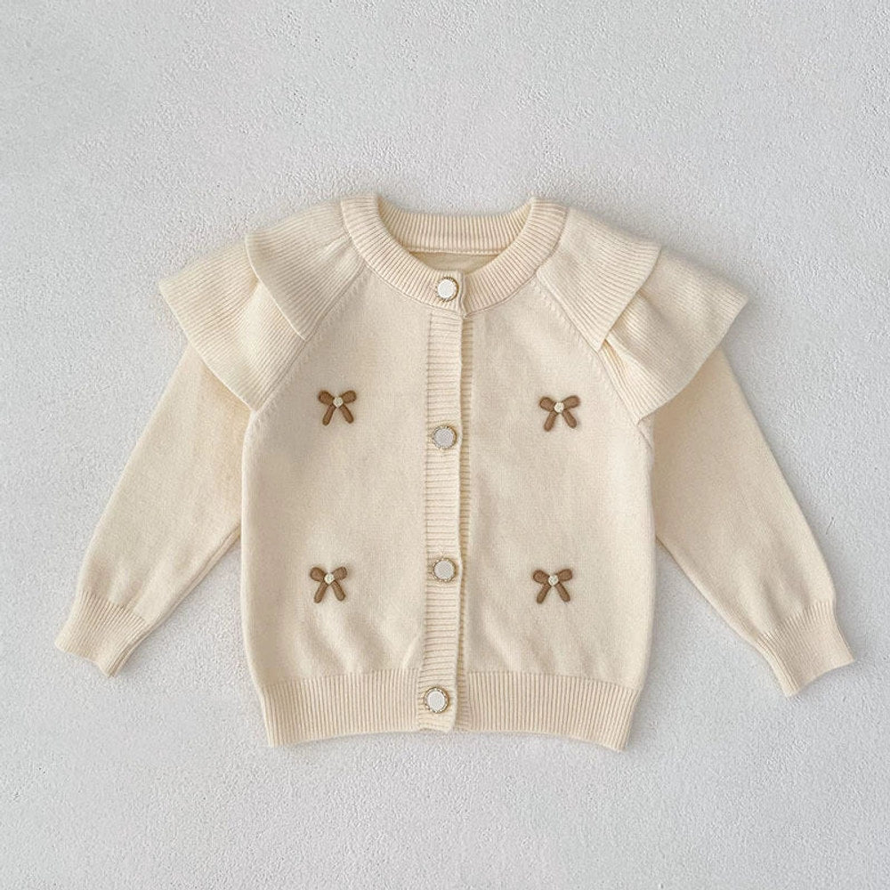 Autumn Arrival Baby Girls Comfortable Butterfly-bow Pattern Knitted Long Sleeves Cardigan
