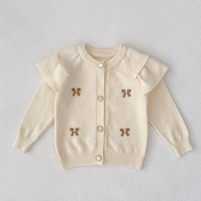 Autumn Arrival Baby Girls Comfortable Butterfly-bow Pattern Knitted Long Sleeves Cardigan