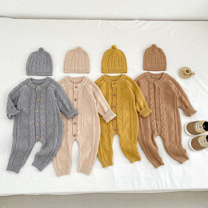 Autumn Arrival Unisex Baby’s Solid Color Geometric Jacquard Pattern Knitted Rompers