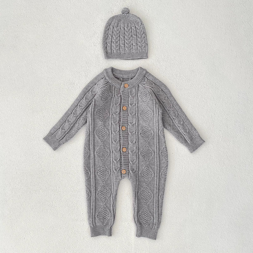 Autumn Arrival Unisex Baby’s Solid Color Geometric Jacquard Pattern Knitted Rompers