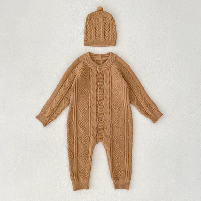 Autumn Arrival Unisex Baby’s Solid Color Geometric Jacquard Pattern Knitted Rompers