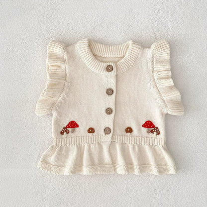 Autumn Arrival Baby Girls Comfortable Mushroom Embroidery Pattern Knitted Fly Sleeves Vest