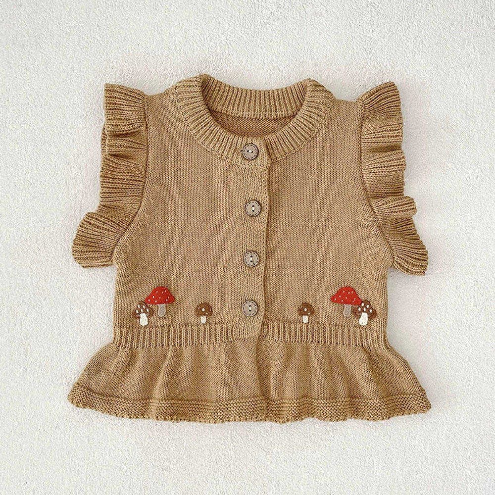 Autumn Arrival Baby Girls Comfortable Mushroom Embroidery Pattern Knitted Fly Sleeves Vest