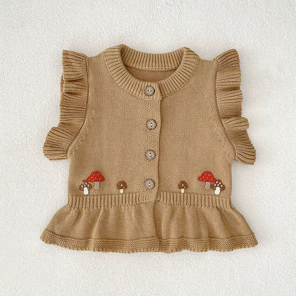 Autumn Arrival Baby Girls Comfortable Mushroom Embroidery Pattern Knitted Fly Sleeves Vest