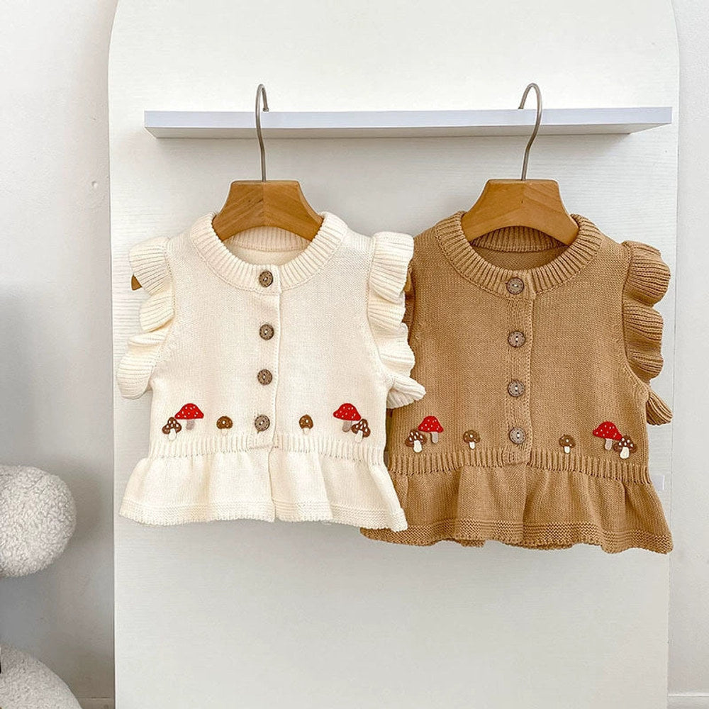Autumn Arrival Baby Girls Comfortable Mushroom Embroidery Pattern Knitted Fly Sleeves Vest