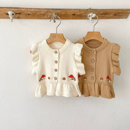 Autumn Arrival Baby Girls Comfortable Mushroom Embroidery Pattern Knitted Fly Sleeves Vest