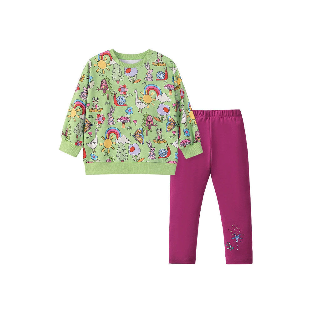 MyKids-USA® Girls Cartoon Animals and Flowers Pattern Long Sleeves Crew Neck Top Sweatshirt and Pants Clothing Set