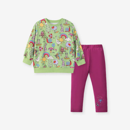 MyKids-USA® Girls Cartoon Animals and Flowers Pattern Long Sleeves Crew Neck Top Sweatshirt and Pants Clothing Set