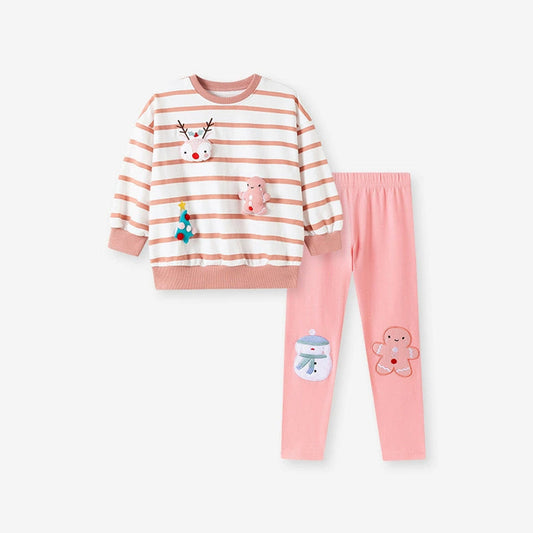 MyKids-USA® Girls Christmas Cartoon Pattern Long Sleeves Crew Neck Top Sweatshirt and Pants Clothing Set