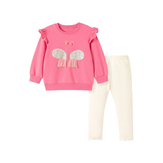 MyKids-USA® Girls Butterfly Cartoon Pattern Long Sleeves Crew Neck Top Sweatshirt and White Pants Clothing Set