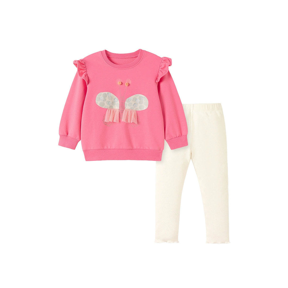 MyKids-USA® Girls Butterfly Cartoon Pattern Long Sleeves Crew Neck Top Sweatshirt and White Pants Clothing Set